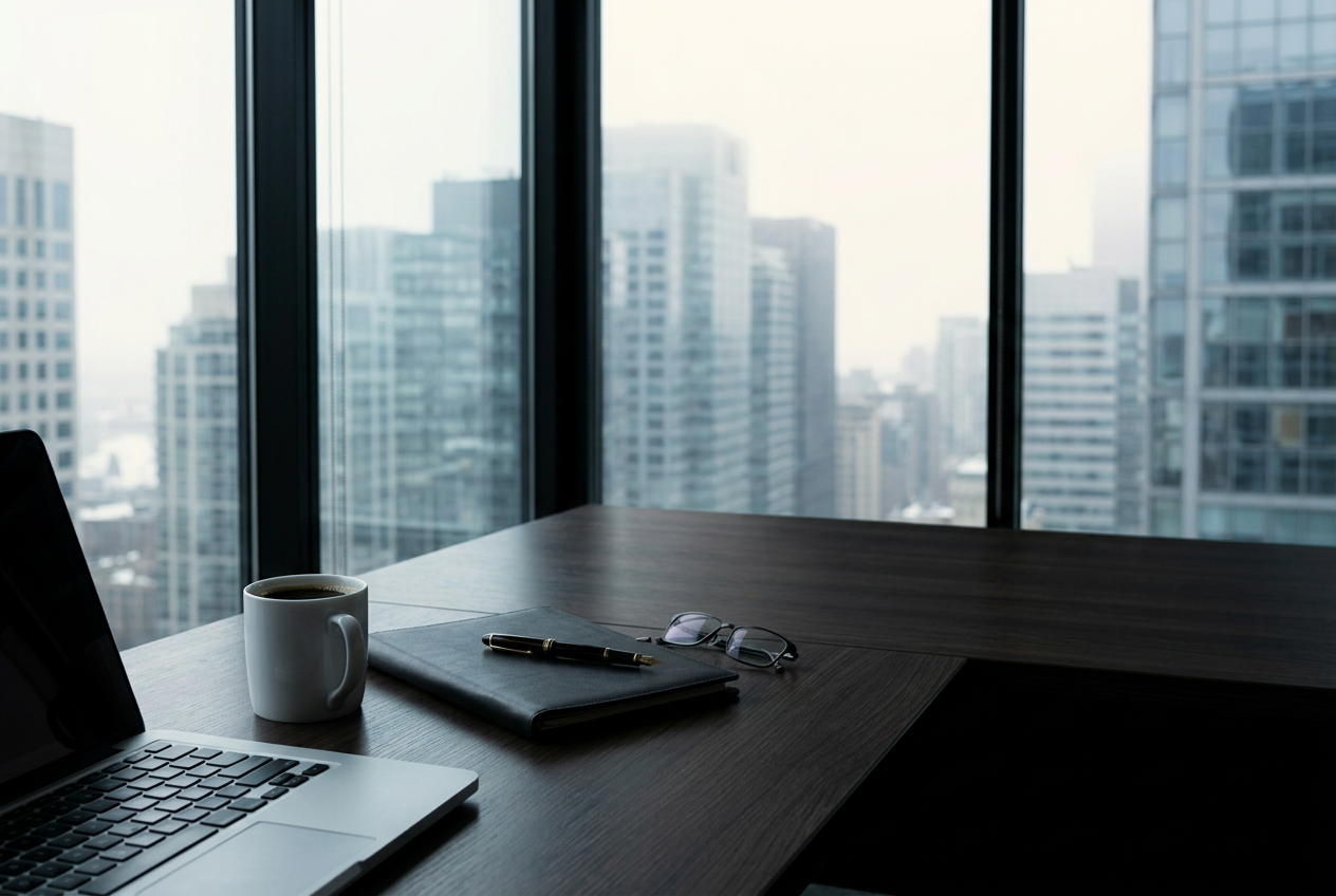 A dark office desk beside floor-to-ceiling windows, with a cup of black coffee, a leather folder, a fountain pen and reading glasses